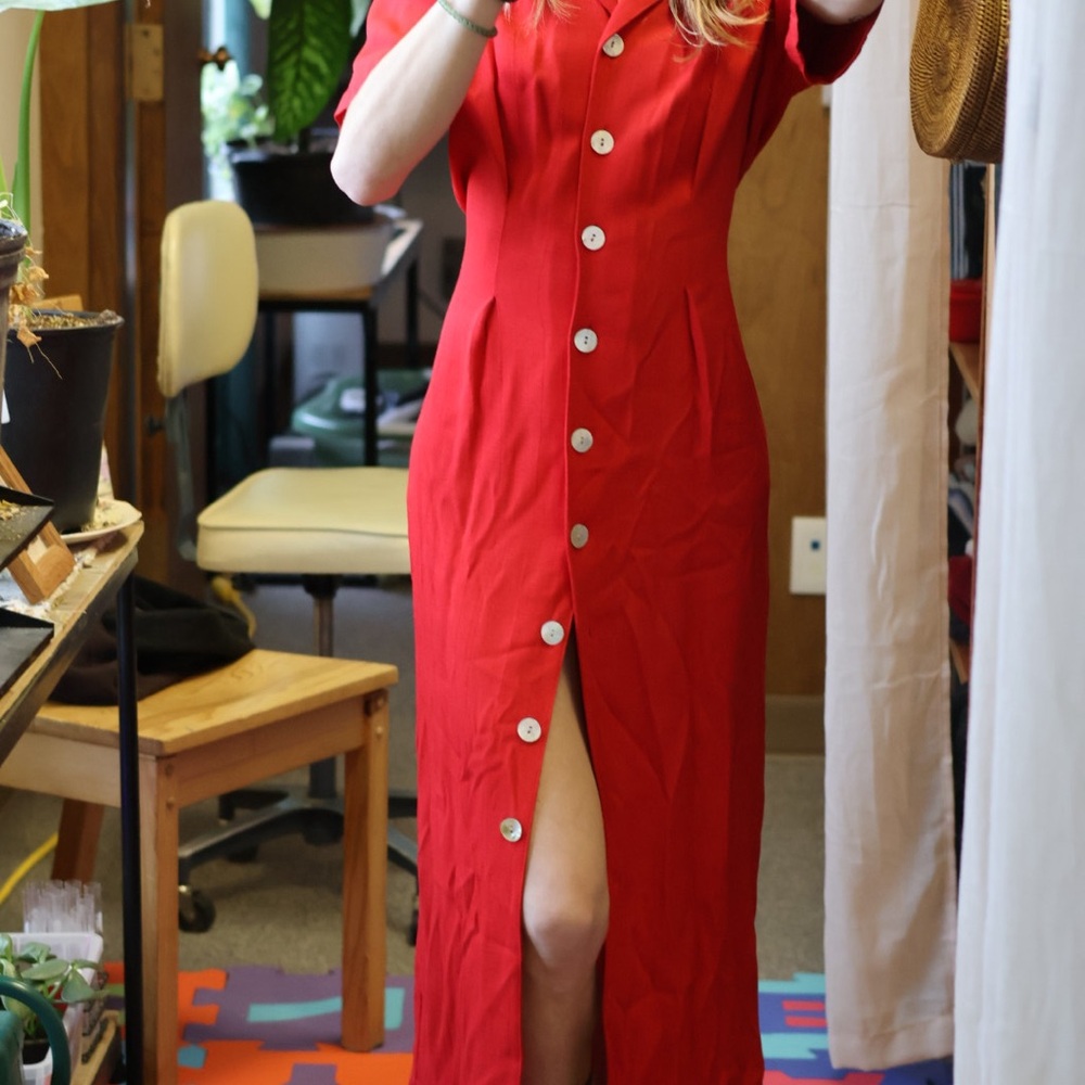 Elegant Vintage 90’s Red Button-Down Midi Dress